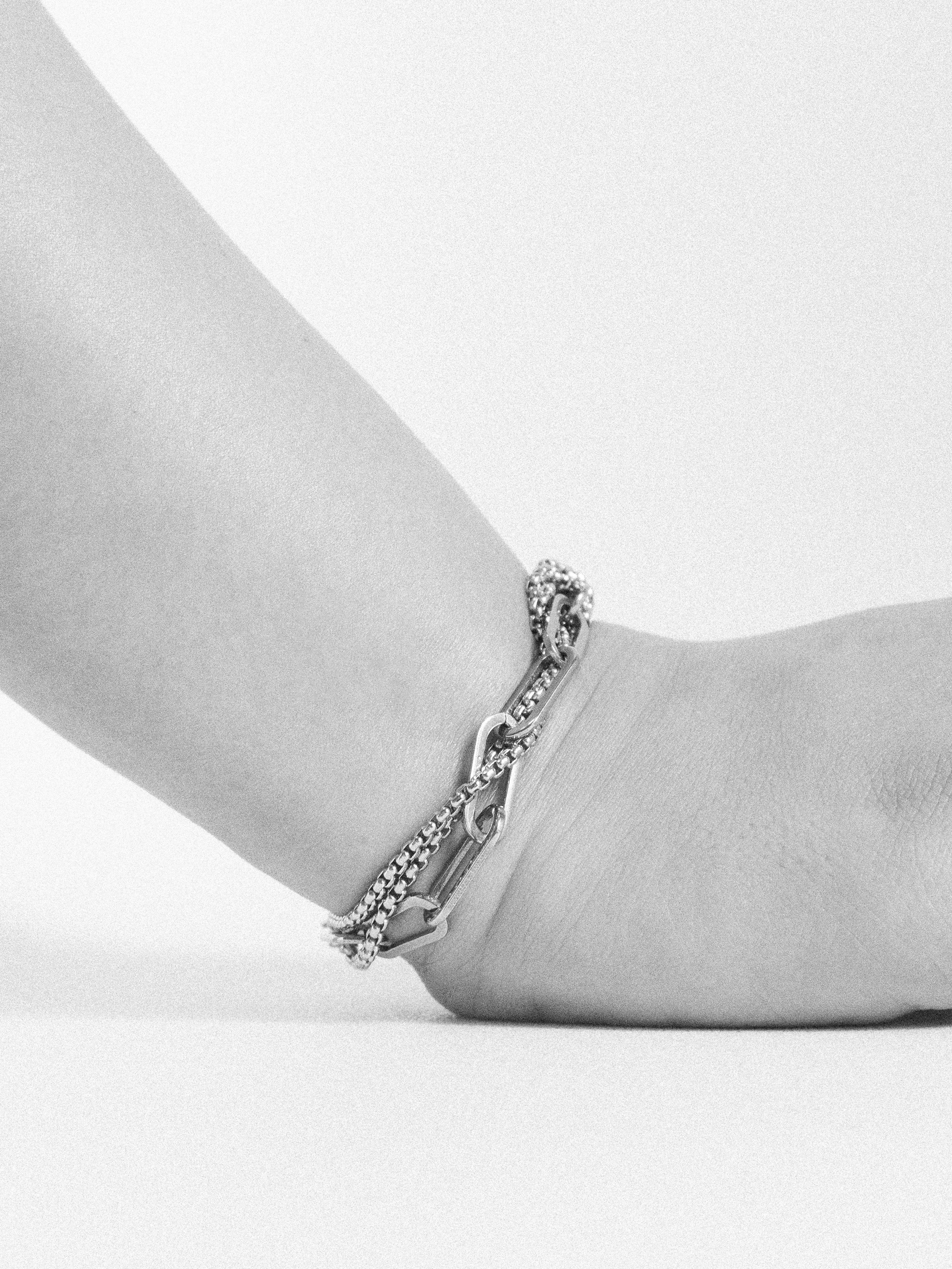 Silver bracelet on a person's wrist against a white background